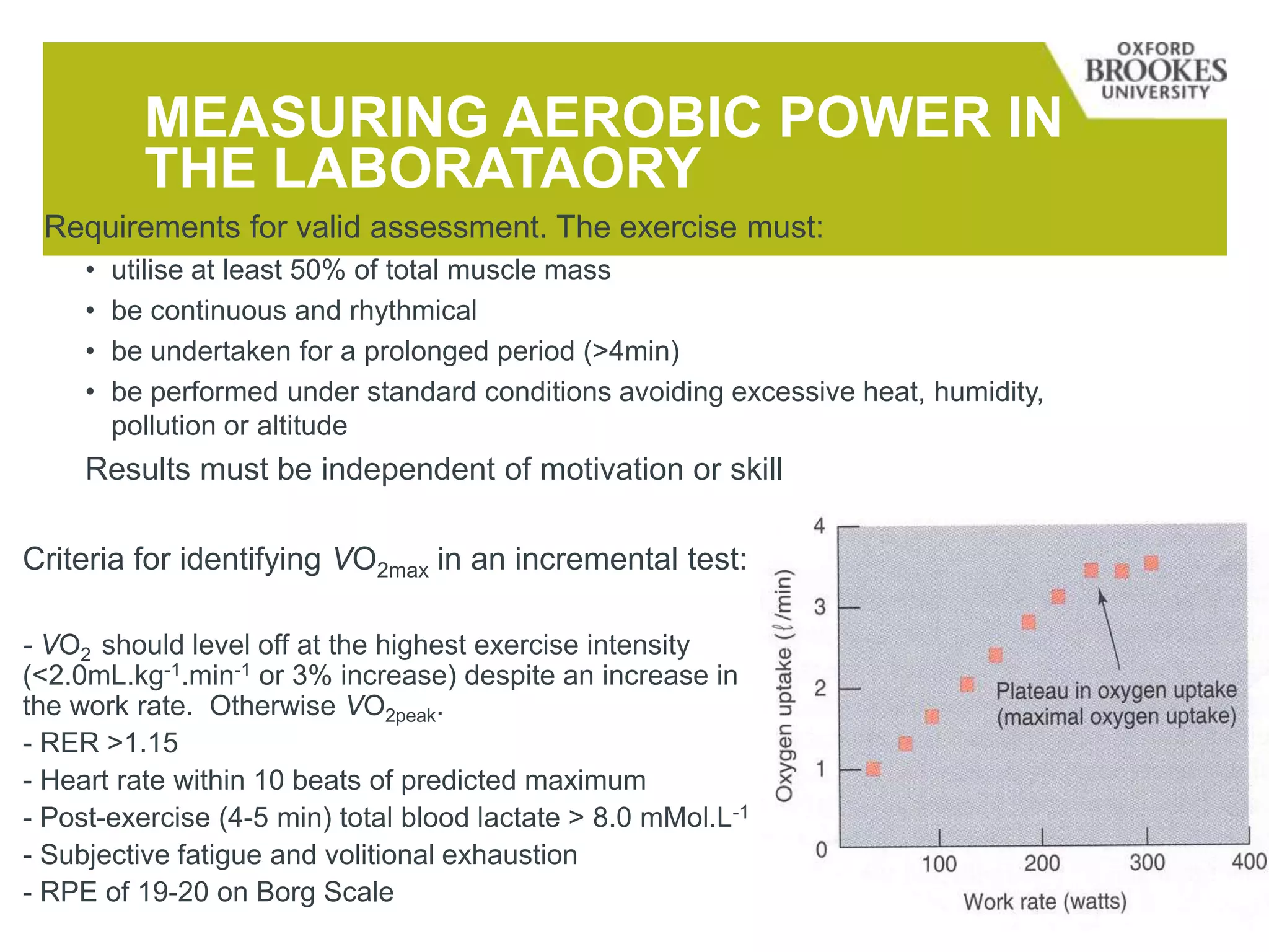 MEASURING AEROBIC POWER IN
THE LABORATAORY
Criteria for identifying VO2max in an incremental test:
- VO2 should level off at the highest exercise intensity
(<2.0mL.kg-1.min-1 or 3% increase) despite an increase in
the work rate. Otherwise VO2peak.
- RER >1.15
- Heart rate within 10 beats of predicted maximum
- Post-exercise (4-5 min) total blood lactate > 8.0 mMol.L-1
- Subjective fatigue and volitional exhaustion
- RPE of 19-20 on Borg Scale
Requirements for valid assessment. The exercise must:
• utilise at least 50% of total muscle mass
• be continuous and rhythmical
• be undertaken for a prolonged period (>4min)
• be performed under standard conditions avoiding excessive heat, humidity,
pollution or altitude
Results must be independent of motivation or skill
 