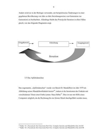 9
Anders wird sie in der Biologie verwendet, um beispielsweise Änderungen in einer
gegebenen Bevölkerung von Jahr zu Jahr (beziehungsweise von Generation zur
Generation) zu beobachten. Allerdings bleibt das Prinzip der Iteration in allen Fällen
gleich, wie das folgende Diagramm zeigt.
3.5 Das Apfelmännchen
Das sogenannte „Apfelmännchen“ wurde von Benoît B. Mandelbrot im Jahr 1979 als
Abbildung seines Mandelbrotfratkals kreiert24
, indem er die Iterationen des Fraktals mit
verschiedenen Tönen einer Farbe (unten: blau) färbte25
. Dies ist nur mit Hilfe eines
Computers möglich, da die Rechnung bis ins feinste Detail durchgeführt werden muss.
24
Siehe <4>, Fractals for the Classroom Part Two: Complex Systems and Mandelbrot Set, S.415f
25
Siehe <4>, Fractals for the Classroom Part Two: Complex Systems and Mandelbrot Set, S.417ff
Iteration
AusgangswertEingabewert Gleichung
 