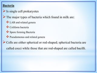 Bacteria
Is single cell prokaryotes
The major types of bacteria which found in milk are:
 LAB and related genera
 Coliform bacteria
 Spore forming Bacteria
 Pseudomonas and related genera
Cells are either spherical or rod-shaped; spherical bacteria are
called cocci while those that are rod-shaped are called bacilli.
 