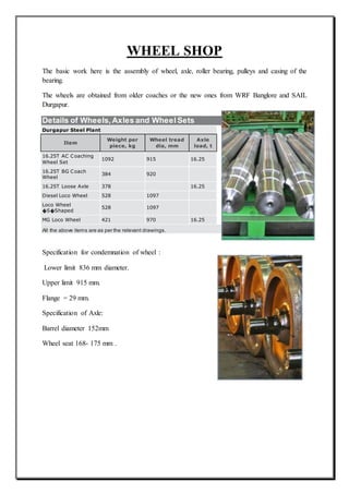 WHEEL SHOP
The basic work here is the assembly of wheel, axle, roller bearing, pulleys and casing of the
bearing.
The wheels are obtained from older coaches or the new ones from WRF Banglore and SAIL
Durgapur.
Details of Wheels, Axles and Wheel Sets
Durgapur Steel Plant
Item
Weight per
piece, kg
Wheel tread
dia, mm
Axle
load, t
16.25T AC Coaching
Wheel Set
1092 915 16.25
16.25T BG Coach
Wheel
384 920
16.25T Loose Axle 378 16.25
Diesel Loco Wheel 528 1097
Loco Wheel
�S�Shaped
528 1097
MG Loco Wheel 421 970 16.25
All the above items are as per the relevant drawings.
Specification for condemnation of wheel :
Lower limit 836 mm diameter.
Upper limit 915 mm.
Flange = 29 mm.
Specification of Axle:
Barrel diameter 152mm
Wheel seat 168- 175 mm .
 