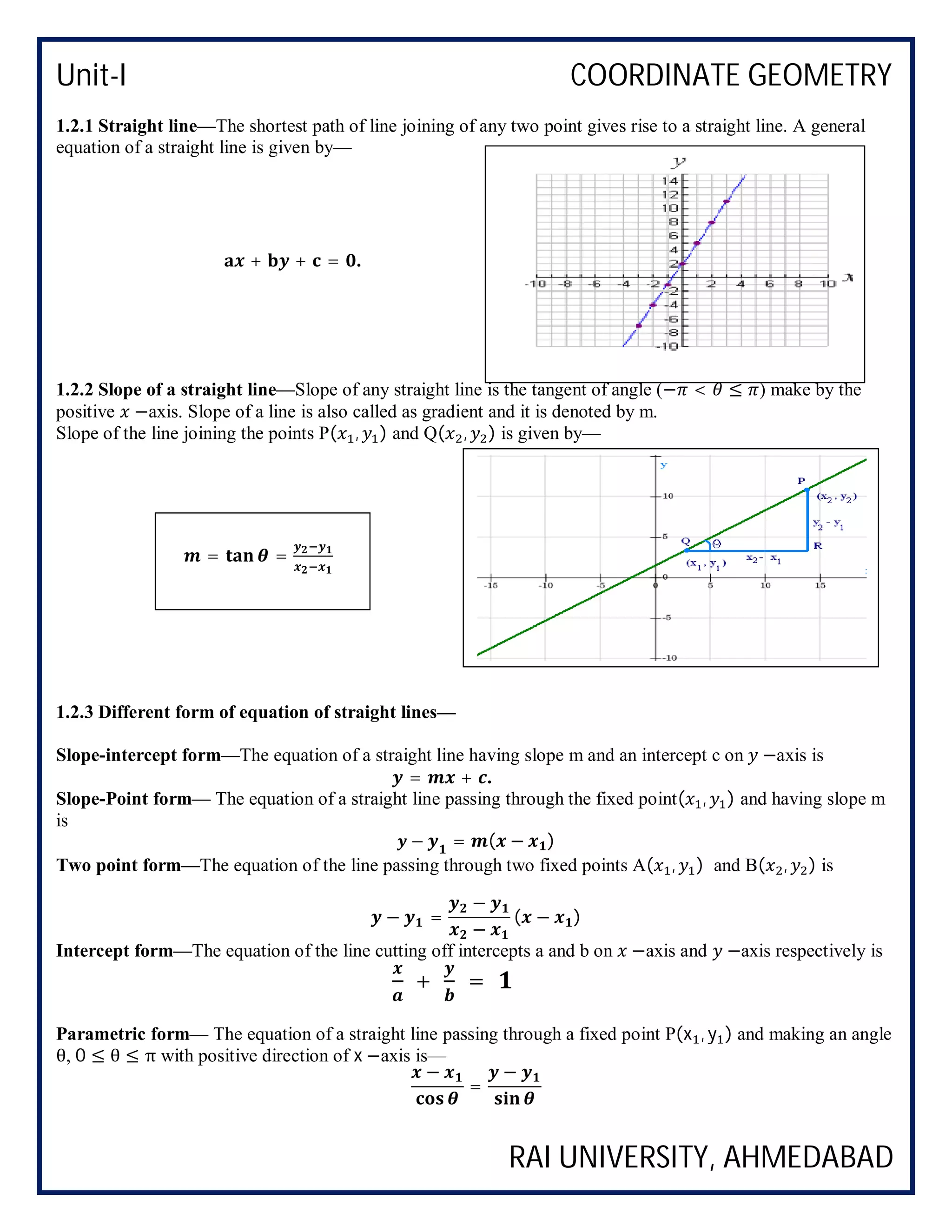 Unit-I COORDINATE GEOMETRY
RAI UNIVERSITY, AHMEDABAD
1.2.1 Straight line—The shortest path of line joining of any two point gives rise to a straight line. A general
equation of a straight line is given by—
+ + = .
1.2.2 Slope of a straight line—Slope of any straight line is the tangent of angle (− < ≤ ) make by the
positive −axis. Slope of a line is also called as gradient and it is denoted by m.
Slope of the line joining the points P( , ) and Q( , ) is given by—
1.2.3 Different form of equation of straight lines—
Slope-intercept form—The equation of a straight line having slope m and an intercept c on −axis is
= + .
Slope-Point form— The equation of a straight line passing through the fixed point( , ) and having slope m
is
− = ( − )
Two point form—The equation of the line passing through two fixed points A( , ) and B( , ) is
− =
−
−
( − )
Intercept form—The equation of the line cutting off intercepts a and b on −axis and −axis respectively is
+ =
Parametric form— The equation of a straight line passing through a fixed point P(x , y ) and making an angle
θ, 0 ≤ θ ≤ π with positive direction of x −axis is—
−
=
−
= =
 