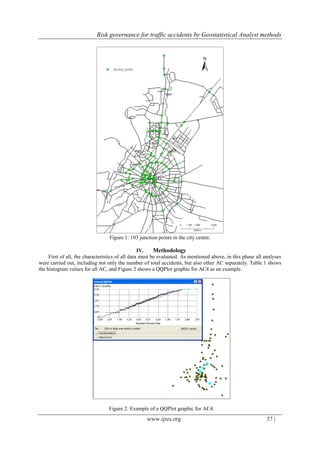 Risk governance for traffic accidents by Geostatistical Analyst methods
www.ijres.org 37 |
Figure 1: 103 junction points in the city centre.
IV. Methodology
First of all, the characteristics of all data must be evaluated. As mentioned above, in this phase all analyses
were carried out, including not only the number of total accidents, but also other AC separately. Table 1 shows
the histogram values for all AC, and Figure 2 shows a QQPlot graphic for AC4 as an example.
Figure 2: Example of a QQPlot graphic for AC4.
 