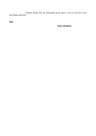 I hereby declare that the information given above is true to the best of my
knowledge and belief.
Date
Taher Ali Bohra
 