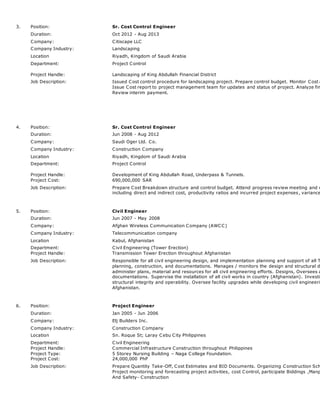 3. Position: Sr. Cost Control Engineer
Duration: Oct 2012 - Aug 2013
Company: Citiscape LLC
Company Industry: Landscaping
Location Riyadh, Kingdom of Saudi Arabia
Department:
Project Handle:
Project Control
Landscaping of King Abdullah Financial District
Job Description: Issued Cost control procedure for landscaping project. Prepare control budget. Monitor Cost a
Issue Cost report to project management team for updates and status of project. Analyze fin
Review interim payment.
4. Position: Sr. Cost Control Engineer
Duration: Jun 2008 - Aug 2012
Company: Saudi Oger Ltd. Co.
Company Industry: Construction Company
Location Riyadh, Kingdom of Saudi Arabia
Department:
Project Handle:
Project Cost:
Project Control
Development of King Abdullah Road, Underpass & Tunnels.
690,000,000 SAR
Job Description: Prepare Cost Breakdown structure and control budget. Attend progress review meeting and c
including direct and indirect cost, productivity ratios and incurred project expenses , variance
5. Position: Civil Engineer
Duration: Jun 2007 - May 2008
Company: Afghan Wireless Communication Company (AWCC)
Company Industry: Telecommunication company
Location Kabul, Afghanistan
Department:
Project Handle:
Civil Engineering (Tower Erection)
Transmission Tower Erection throughout Afghanistan
Job Description: Responsible for all civil engineering design, and implementation planning and support of all T
planning, construction, and documentations. Manages / monitors the design and structural d
administer plans, material and resources for all civil engineering efforts. Designs, Oversees a
documentations. Supervise the installation of all civil works in country (Afghanistan). Investig
structural integrity and operability. Oversee facility upgrades while developing civil engineerin
Afghanistan.
6. Position: Project Engineer
Duration: Jan 2005 - Jun 2006
Company: Elj Builders Inc.
Company Industry: Construction Company
Location Sn. Roque St; Laray Cebu City Philippines
Department:
Project Handle:
Project Type:
Project Cost:
Civil Engineering
Commercial Infrastructure Construction throughout Philippines
5 Storey Nursing Building – Naga College Foundation.
24,000,000 PhP
Job Description: Prepare Quantity Take-Off, Cost Estimates and BID Documents. Organizing Construction Sch
Project monitoring and forecasting project activities, cost Control, participate Biddings ,Manp
And Safety- Construction
 