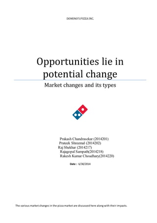 DOMINO’S PIZZA INC.
Opportunities lie in
potential change
Market changes and its types
Prakash Chandrasekar (2014201)
Prateek Shreemal (2014202)
Raj Shekhar (2014217)
Rajagopal Sampath(2014218)
Rakesh Kumar Choudhary(2014220)
Date : 6/30/2014
The various market changes in the pizza market are discussed here along with their impacts.
 