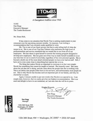 The Tombs Exec Manager Dan Hogg Recommendation Letter 05-01-02