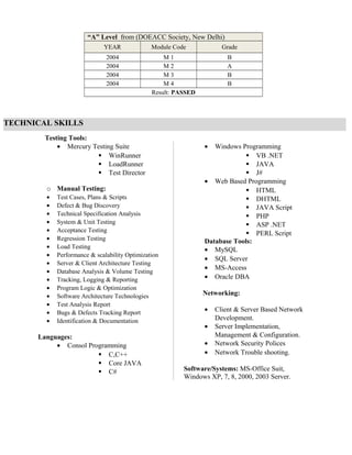 “A” Level from (DOEACC Society, New Delhi)
YEAR Module Code Grade
2004 M 1 B
2004 M 2 A
2004 M 3 B
2004 M 4 B
Result: PASSED
Testing Tools:
• Mercury Testing Suite
 WinRunner
 LoadRunner
 Test Director
o Manual Testing:
• Test Cases, Plans & Scripts
• Defect & Bug Discovery
• Technical Specification Analysis
• System & Unit Testing
• Acceptance Testing
• Regression Testing
• Load Testing
• Performance & scalability Optimization
• Server & Client Architecture Testing
• Database Analysis & Volume Testing
• Tracking, Logging & Reporting
• Program Logic & Optimization
• Software Architecture Technologies
• Test Analysis Report
• Bugs & Defects Tracking Report
• Identification & Documentation
Languages:
• Consol Programming
 C,C++
 Core JAVA
 C#
• Windows Programming
 VB .NET
 JAVA
 J#
• Web Based Programming
 HTML
 DHTML
 JAVA Script
 PHP
 ASP .NET
 PERL Script
Database Tools:
• MySQL
• SQL Server
• MS-Access
• Oracle DBA
Networking:
• Client & Server Based Network
Development.
• Server Implementation,
Management & Configuration.
• Network Security Polices
• Network Trouble shooting.
Software/Systems: MS-Office Suit,
Windows XP, 7, 8, 2000, 2003 Server.
TECHNICAL SKILLS
 
