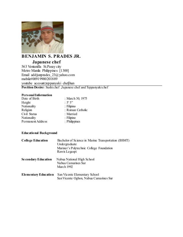 japanese chef resume copy