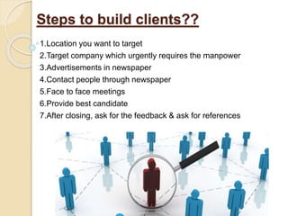Steps to build clients??
1.Location you want to target
2.Target company which urgently requires the manpower
3.Advertisements in newspaper
4.Contact people through newspaper
5.Face to face meetings
6.Provide best candidate
7.After closing, ask for the feedback & ask for references
 