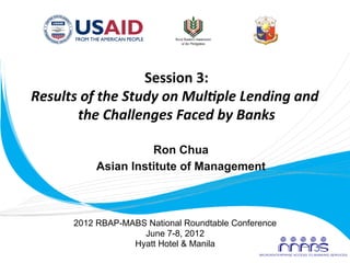 Session	
  3: 	
  
       Results	
  of	
  the	
  Study	
  on	
  Mul0ple	
  Lending	
  and	
  
               the	
  Challenges	
  Faced	
  by	
  Banks     	
  

                                Ron Chua
                      Asian Institute of Management



                2012 RBAP-MABS National Roundtable Conference
                              June 7-8, 2012
                            Hyatt Hotel & Manila
	
  
 