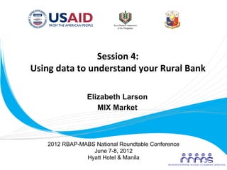 Session	
  4:	
  
       Using	
  data	
  to	
  understand	
  your	
  Rural	
  Bank	
  	
  

                           Elizabeth Larson
                              MIX Market



             2012 RBAP-MABS National Roundtable Conference
                           June 7-8, 2012
                         Hyatt Hotel & Manila
	
  
 