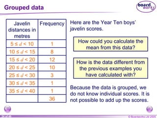Grouped data Because the data is grouped, we do not know individual scores. It is not possible to add up the scores. Here are the Year Ten boys’ javelin scores. How could you calculate the mean from this data? How is the data different from the previous examples you have calculated with? 1 35 ≤  d  < 40 36 1 3 10 12 8 1 Frequency 30 ≤  d  < 35 25 ≤  d  < 30 20 ≤  d  < 25 15 ≤  d  < 20 10 ≤  d  < 15 5 ≤  d  < 10 Javelin distances in metres 