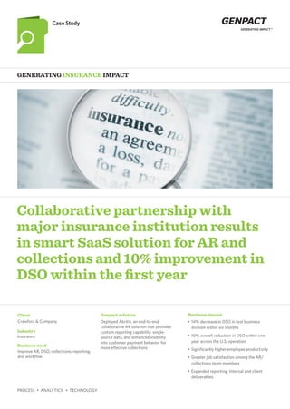PROCESS • ANALYTICS • TECHNOLOGY
Collaborative partnership with
major insurance institution results
in smart SaaS solution for AR and
collections and 10% improvement in
DSO within the first year
GENERATING INSURANCE IMPACT
Case Study
Client
Industry
Business need
Genpact solution
Crawford & Company
Insurance
Improve AR, DSO, collections, reporting,
and workflow
Business impact
•	 14% decrease in DSO in test business
division within six months
•	 10% overall reduction in DSO within one
year across the U.S. operation
•	 Significantly higher employee productivity
•	 Greater job satisfaction among the AR/
collections team members
•	 Expanded reporting: Internal and client
deliverables
Deployed Akritiv, an end-to-end
collaborative AR solution that provides
custom reporting capability, single-
source data, and enhanced visibility
into customer payment behavior for
more effective collections
 