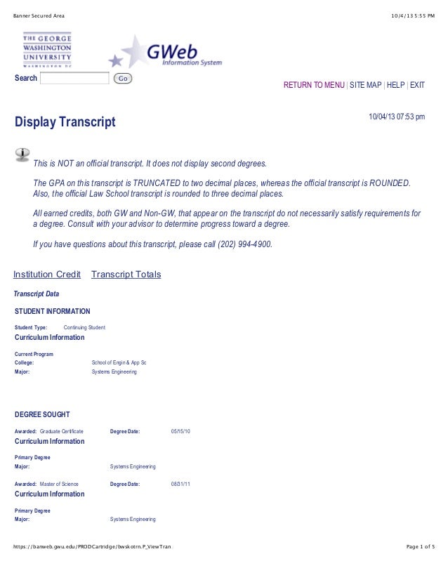 Gwu Unofficial Transcript