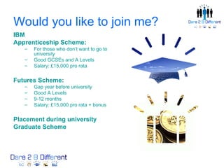 Would you like to join me?
IBM
Apprenticeship Scheme:
   –   For those who don’t want to go to
       university
   –   Good GCSEs and A Levels
   –   Salary: £15,000 pro rata

Futures Scheme:
   –   Gap year before university
   –   Good A Levels
   –   9-12 months
   –   Salary: £15,000 pro rata + bonus

Placement during university
Graduate Scheme
 
