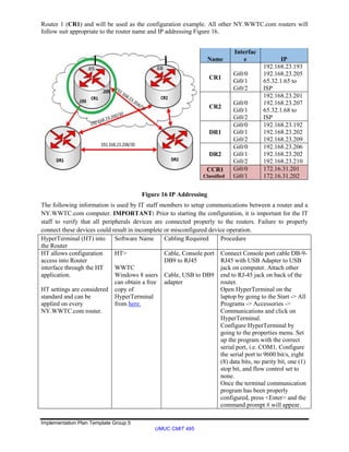 Implementation Plan Template Group 5
UMUC CMIT 495
Router 1 (CR1) and will be used as the configuration example. All other NY.WWTC.com routers will
follow suit appropriate to the router name and IP addressing Figure 16.
Name
Interfac
e IP
CR1
Gi0/0
Gi0/1
Gi0/2
192.168.23.193
192.168.23.205
65.32.1.65 to
ISP
CR2
Gi0/0
Gi0/1
Gi0/2
192.168.23.201
192.168.23.207
65.32.1.68 to
ISP
DR1
Gi0/0
Gi0/1
Gi0/2
192.168.23.192
192.168.23.202
192.168.23.209
DR2
Gi0/0
Gi0/1
Gi0/2
192.168.23.206
192.168.23.202
192.168.23.210
CCR1
Classified
Gi0/0
Gi0/1
172.16.31.201
172.16.31.202
Figure 16 IP Addressing
The following information is used by IT staff members to setup communications between a router and a
NY.WWTC.com computer. IMPORTANT: Prior to starting the configuration, it is important for the IT
staff to verify that all peripherals devices are connected properly to the routers. Failure to properly
connect these devices could result in incomplete or misconfigured device operation.
HyperTerminal (HT) into
the Router
Software Name Cabling Required Procedure
HT allows configuration
access into Router
interface through the HT
application.
HT settings are considered
standard and can be
applied on every
NY.WWTC.com router.
HT>
WWTC
Windows 8 users
can obtain a free
copy of
HyperTerminal
from here.
Cable, Console port
DB9 to RJ45
Cable, USB to DB9
adapter
Connect Console port cable DB-9-
RJ45 with USB Adapter to USB
jack on computer. Attach other
end to RJ-45 jack on back of the
router.
Open HyperTerminal on the
laptop by going to the Start -> All
Programs -> Accessories ->
Communications and click on
HyperTerminal.
Configure HyperTerminal by
going to the properties menu. Set
up the program with the correct
serial port, i.e. COM1. Configure
the serial port to 9600 bit/s, eight
(8) data bits, no parity bit, one (1)
stop bit, and flow control set to
none.
Once the terminal communication
program has been properly
configured, press <Enter> and the
command prompt # will appear.
 