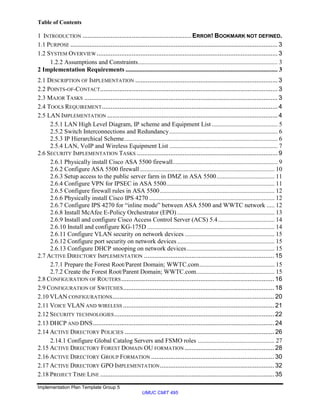 Implementation Plan Template Group 5
UMUC CMIT 495
Table of Contents
1 INTRODUCTION ..............................................................ERROR! BOOKMARK NOT DEFINED.
1.1 PURPOSE ...................................................................................................................... 3
1.2 SYSTEM OVERVIEW....................................................................................................... 3
1.2.2 Assumptions and Constraints......................................................................................... 3
2 Implementation Requirements ................................................................................................. 3
2.1 DESCRIPTION OF IMPLEMENTATION ................................................................................. 3
2.2 POINTS-OF-CONTACT..................................................................................................... 3
2.3 MAJOR TASKS .............................................................................................................. 3
2.4 TOOLS REQUIREMENT.................................................................................................... 4
2.5 LAN IMPLEMENTATION ................................................................................................. 4
2.5.1 LAN High Level Diagram, IP scheme and Equipment List .......................................... 5
2.5.2 Switch Interconnections and Redundancy..................................................................... 6
2.5.3 IP Hierarchical Scheme.................................................................................................. 6
2.5.4 LAN, VoIP and Wireless Equipment List ..................................................................... 7
2.6 SECURITY IMPLEMENTATION TASKS ................................................................................ 9
2.6.1 Physically install Cisco ASA 5500 firewall................................................................... 9
2.6.2 Configure ASA 5500 firewall...................................................................................... 10
2.6.3 Setup access to the public server farm in DMZ in ASA 5500..................................... 11
2.6.4 Configure VPN for IPSEC in ASA 5500..................................................................... 11
2.6.5 Configure firewall rules in ASA 5500......................................................................... 12
2.6.6 Physically install Cisco IPS 4270 ................................................................................ 12
2.6.7 Configure IPS 4270 for “inline mode” between ASA 5500 and WWTC network ..... 12
2.6.8 Install McAfee E-Policy Orchestrator (EPO) .............................................................. 13
2.6.9 Install and configure Cisco Access Control Server (ACS) 5.4.................................... 14
2.6.10 Install and configure KG-175D ................................................................................. 14
2.6.11 Configure VLAN security on network devices ......................................................... 15
2.6.12 Configure port security on network devices .............................................................. 15
2.6.13 Configure DHCP snooping on network devices........................................................ 15
2.7 ACTIVE DIRECTORY IMPLEMENTATION .......................................................................... 15
2.7.1 Prepare the Forest Root/Parent Domain; WWTC.com................................................ 15
2.7.2 Create the Forest Root/Parent Domain; WWTC.com.................................................. 15
2.8 CONFIGURATION OF ROUTERS....................................................................................... 16
2.9 CONFIGURATION OF SWITCHES...................................................................................... 18
2.10 VLAN CONFIGURATIONS............................................................................................ 20
2.11 VOICE VLAN AND WIRELESS ...................................................................................... 21
2.12 SECURITY TECHNOLOGIES........................................................................................... 22
2.13 DHCP AND DNS....................................................................................................... 24
2.14 ACTIVE DIRECTORY POLICIES ..................................................................................... 26
2.14.1 Configure Global Catalog Servers and FSMO roles ................................................. 27
2.15 ACTIVE DIRECTORY FOREST DOMAIN OU FORMATION................................................... 28
2.16 ACTIVE DIRECTORY GROUP FORMATION ...................................................................... 30
2.17 ACTIVE DIRECTORY GPO IMPLEMENTATION................................................................. 32
2.18 PROJECT TIME LINE ................................................................................................... 35
 