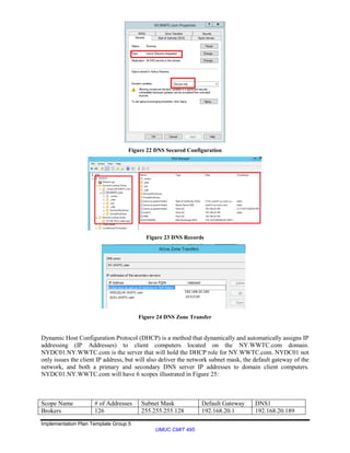 Implementation Plan Template Group 5
UMUC CMIT 495
Figure 22 DNS Secured Configuration
Figure 23 DNS Records
Figure 24 DNS Zone Transfer
Dynamic Host Configuration Protocol (DHCP) is a method that dynamically and automatically assigns IP
addressing (IP Addresses) to client computers located on the NY.WWTC.com domain.
NYDC01.NY.WWTC.com is the server that will hold the DHCP role for NY.WWTC.com. NYDC01 not
only issues the client IP address, but will also deliver the network subnet mask, the default gateway of the
network, and both a primary and secondary DNS server IP addresses to domain client computers.
NYDC01.NY.WWTC.com will have 6 scopes illustrated in Figure 25:
Scope Name # of Addresses Subnet Mask Default Gateway DNS1
Brokers 126 255.255.255.128 192.168.20.1 192.168.20.189
 