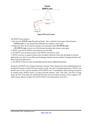 Implementation Plan Template Group 5
UMUC CMIT 495
Figure 28 Forest Layout
The WWTC forest design is:
1. One forest for WWTC.com (Hong Kong based) – this is called the forest root or Parent domain
-- WWTC.com is a Tree domain that establishes the company’s name space
2. Within this forest, the IT team has created a second domain called NY.WWTC.com
-- NY.WWTC.com is known as a Child domain that shares the common name space
3. WWTC.com and NY.WWTC.com domains trust each other
4. NY.WWTC.com can share resources with WWTC.com and vice versa
5. WWTC.com uses a common schema where all objects within the Forest take advantage of common
applications (e.g. mail services (Microsoft Exchange), Intranet web sites, Market Tracking and Stock and
Bond Analytical applications)
6. The WWTC Forest can easily accommodate growth (such as additional domains)
In general, all WWTC.com computers belong to a domain. These domains have been established based on
the physical location of where the local resources reside. The users in Hong Kong belong to WWTC.com
and the users in New York are members of NY.WWTC.com. A standardized, shared naming convention
(a common space (WWTC.com)) is in place and both domains “trust” each other. Like that of Hong
Kong, the New York office has established OUs that mirror the logical structure of the company’s NY
office mission. Shown in Figure 29 is the NY.WWTC.com infrastructure of ten OU’s.
 