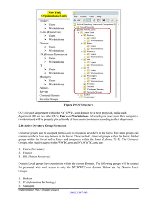 Implementation Plan Template Group 5
UMUC CMIT 495
_New York
Organizational Units
Brokers
 Users
 Workstations
Execs (Executives)
 Users
 Workstations
Finance
 Users
 Workstations
HR (Human Resources)
 Users
 Workstations
IT
 Users
 Workstations
Managers
 Users
 Workstations
Printers
Servers
Clustered Servers
Security Groups
Figure 29 OU Structure
OU’s for each department within the NY.WWTC.com domain have been proposed. Inside each
department OU are two other OU’s; Users and Workstations. All employees (users) and their computers
(workstations) will be properly placed inside of these nested containers according to their department.
2.16 Active Directory Group Formation
Universal groups can be assigned permissions to resources anywhere in the forest. Universal groups can
contain members from any domain in the forest. These include Universal groups within the forest, Global
groups within the forest and/or Users and computers within the forest (Labsim, 2015). The Universal
Groups, who require access within WWTC.com and NY.WWTC.com, are:
1. Execs (Executives)
2. Finance
3. HR (Human Resources)
Domain Local groups have permission within the current Domain. The following groups will be created
for personnel who need access to only the NY.WWTC.com domain. Below are the Domain Local
Groups:
1. Brokers
2. IT (Information Technology)
3. Managers
 
