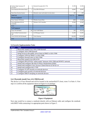Implementation Plan Template Group 5
UMUC CMIT 495
Taclane High Assurance IP
Encryptor
1 Network Encryptor KG-175d $1,999 $1,999
Cisco Intrucion Prevention Sensor 1 Cisco IPS 4270 Sensor $4,995 $4,995
Suite Entry Security System 1 Biometric smart card reader for entry doors $99 $99
Total Cost Total Cost $88,006.98
Wireless Equipment
Cisco Aironet 1250 Series 5 Wireless Access Point $200 $1,000
Cisco 4404 Series WLAN
Controller
1 Wireless LAN Controller $7,899 $7,899
Total Total $8,899
VoIP Equipment
Cisco 7912 IP Phone 94 Cisco VoIP Phones $55 $5,170
Cisco Unified Communications
560
1 Call Manager System $1,895 $1,895
Cisco VG350 144 FXS Bundle 1 Voice Gateway $24,500 $24,500
Total Total $31,565
2.6 Security Implementation Tasks
Step # Task
1 Physically install Cisco ASA 5500 firewall
2 Configure ASA 5500 firewall
3 Setup access to the public server farm in DMZ in ASA 5500
4 Configure VPN for IPSEC in ASA 5500
5 Configure firewall rules in ASA 5500
6 Physically install Cisco IPS 4270
7 Configure IPS 4270 for “inline mode” between ASA 5500 and WWTC network
8 Install and configure McAfee E-Policy Orchestrator (EPO)
9 Install and configure Cisco Access Control Server (CACS) 5.4
10 Install and configure KG-175D
11 Configure VLAN security on network devices
12 Configure port security on network devices
13 Configure DHCP snooping on network devices
2.6.1 Physically install Cisco ASA 5500 firewall
The device is a Cisco firewall and will be located in the unclassified IT closet, room 3 in Suite A. First
step is to confirm all the equipment shown in Figure 4 is in package.
Figure 4 Equipment
Next step would be to connect a notebook directly with an Ethernet cable and configure the notebook
with DHCP while connecting it to appropriate ports shown in Figure 5.
 
