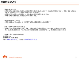 21
本資料について
【免責事項に関して】
・本資料に含まれる内容は、執筆時点の調査情報を基に作成したものです。本内容は事実だけでなく、予想、推論も含まれ
ており、内容が正しいことを保証するものではありません。
・本資料を利用して発生した損害については株式会社D2Cは責を負いません。
・本資料の内容の著作権は、株式会社D2Cに帰属します。
【登録商標・商標について】
・本資料に記載された会社名、サービス名等は各社の登録商標もしくは商標です。
【引用・転載時の出典表記のお願い】
・本資料に含まれる調査結果を引用・転載する場合は必ず出典を明記いただきますようお願いいたします。
例:「出典：株式会社D2C マルチデバイス利用動向調査（2013年5月）」 /「株式会社D2C調べ」など
【本資料に関するお問い合わせ先】
株式会社D2C
営業戦略部 中澤・牧岡
URL：www.d2c.co.jp/ E-mail：research@d2c.co.jp
 