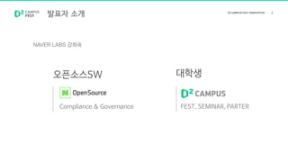 발표자 소개
오픈소스SW 대학생
강희숙
Compliance & Governance FEST, SEMINAR, PARTER
 