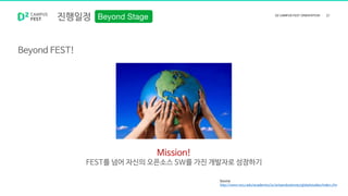진행일정
Beyond FEST!
Mission!
FEST를 넘어 자신의 오픈소스 SW를 가진 개발자로 성장하기
Source
http://www.nccu.edu/academics/sc/artsandsciences/globalstudies/index.cfm
 