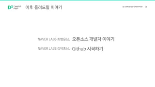 이후 들려드릴 이야기
NAVER LABS 최병운님,
NAVER LABS 김덕홍님,
오픈소스 개발자 이야기
Github 시작하기
 