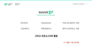 D2?
FOR DEVELOPERS, BY DEVELOPERS
DEVIEW HelloWorld
오픈세미나
커뮤니티/동아리 지원
대학생세미나 세미나/컨퍼런스 지원
그리고 오픈소스SW 활동
개발자 지원 프로그램
 