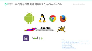우리가 들어본 혹은 사용하고 있는 오픈소스SW
Source
http://developer.android.com/distribute/tools/promote/brand.html
http://en.wikipedia.org/wiki/Linux
http://en.wikipedia.org/wiki/Google_Chrome
https://www.mozilla.org/en-US/styleguide/identity/firefox/branding/
http://httpd.apache.org/
http://tomcat.apache.org/
http://getbootstrap.com/about/
http://nodejs.org/about/resources/
 
