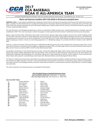 MARSHALL, Minn. - Junior pitcher Jacob Blank from Augustana University (S.D.) and senior first baseman Zack Shannon from Delta State University
(Miss.), headline the 2017 NCAA Division II Conference Commissioners Association All-America baseball team, earning the Ron Lenz Pitcher and
Player of the Year awards respectively. A total of 48 student-athletes were named to either the first, second or third team All-America squad, while
16 were named honorable mention.
The CCA All-America and All-Region baseball teams, which are selected by CoSIDA members from schools playing Division II baseball, were first
established in 2007. This is the second year in which the program is solely sponsored by the Division II Conference Commissioners Association.
Blank, a native of Gretna, Neb., finished the season with a record of 10-0, setting a single-season program record for wins, while compiling an ERA
of 0.78, which ranks first in Division II. Blank opened the season throwing 46 consecutive innings without allowing an earned run and finished the
year giving up just six earned runs. He struck out 86 batters in 69 innings with just 15 walks. Blank allowed just eight extra-base hits all season long
while not giving up a triple or a home run and holding opponents to a .169 batting average. He currently ranks third in Division II with a WHIP of
0.83.
Shannon, a native of Cincinnati, Ohio, leads Division II in RBIs (88) and RBIs per game (1.63), while ranking fourth in batting average (.442). He also
ranks sixth nationally in total bases (162) and eighth in slugging percentage (.779). In the DSU single-season record book, Shannon ranks second in
RBIs, fourth in home runs (19) and fifth in both hits (92) and total bases (162).
Joining Blank and Shannon on the CCA All-America first team include Chris Miguel (2B, Rogers State), Adrian Tovalin (3B, Azusa Pacific), Brandon
Benson (SS, Georgia College), Bligh Madris (OF, Colorado Mesa), Trevor Rucker (OF, Southern Arkansas), Pablo O’Connor (OF, Azusa Pacific), Kris
Ashland (DH, Augustana), Drew Delsignore (UT non-pitcher, Mercyhurst), Logan Browning (UT pitcher, Florida Southern), Austin Hutchison (SP,
Mount Olive), Kyle Leahy (SP, Colorado Mesa), Dalton Roach (SP, Minnesota State) and Zack Mozingo (RP, Mount Olive).
The Division II Conference Commissioners Association encourages and promotes Division II athletics and high standards of sportsmanship as impor-
tant elements of higher education. The CCA is a key communications link among the conferences as they discuss views, policies and regulations
that impact Division II intercollegiate athletics and works closely with the NCAA as a communications channel to NCAA Division II member colleges
and universities.
The online nomination and voting processes are provided by Presto Sports.
2017 CCA NCAA Division II Baseball All-America Teams
Ron Lenz Pitcher of the Year: Jacob Blank, Jr., Augustana
Ron Lenz Player of the Year: Zach Shannon, Sr., Delta State
2017 CCA FIRST TEAM
C Andrew Webster Sr. Barton
1B Zach Shannon Sr. Delta State
2B Chris Miguel Sr. Rogers State
3B Adrian Tovalin Jr. Azusa Pacific
SS Brandon Benson Sr. Georgia College
OF Bligh Madris So. Colorado Mesa
OF Trevor Rucker Sr. Southern Arkansas
OF Pablo O'Connor Jr. Azusa Pacific
DH Kris Ashland Sr. Augustana
UT (non-pitcher) Drew Delsignore Jr. Mercyhurst
UT (pitcher) Logan Browning Jr. Florida Southern
SP Jacob Blank Jr. Augustana
SP Austin Hutchison Sr. Mount Olive
SP Kyle Leahy So. Colorado Mesa
SP Dalton Roach Jr. Minnesota State
RP Zack Mozingo Sr. Mount Olive
Blank and Shannon headline 2017 CCA NCAA II All-America baseball team
2017
CCA BASEBALL
NCAA II ALL-AMERICA TEAM
For Immediate Release
May 26, 2017
CCA NCAA II Baseball National Coordinator: Kelly Loft, Southwest Minnesota State University - kelly.loft@smsu.edu - 507-537-7177
CCA All-America BASEBALL | 1 of 3
 