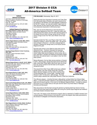 2017 Division II CCA
All-America Softball Team
Softball
National Coordinator
John Kean, Sports Information Director
Missouri University of Science & Technology
705 West 10th
Street
Rolla, Mo. 65401
Voice: (573) 341-4140; Fax: (573) 341-4880
Cell: (573) 233-6891
E-mail: jkean@mst.edu
Softball Regional Coordinators
East Region/District 1 (CACC, NE-10, ECC)
Dan Lauletta, Sports Information Director
Wilmington University
1365 Pulaski Highway
Newark, DE 19702
Voice: (302) 35602929 FAX: (302) 328-7376
E-Mail: daniel.j.lauletta@wilmu.edu
Atlantic Region/District 2 (CIAA, MEC, PSAC)
Doug Spatafore, Sports Information Director
Lock Haven University
125 Akeley Hall
Lock Haven, PA 17745
Voice: (570) 484-2350 FAX: (570) 893-2774
E-Mail: dspatafo@lhup.edu
Southeast Region/District 3 (Conf. Carolinas,
PBC, SAC)
Al Weston, Sports Information Director
Georgia College
Campus Box 65
Milledgeville, Ga. 31061
Voice: (478) 445-1779 FAX: (478) 445-1790
E-Mail: alan.weston@gcsu.edu
Midwest Region/District 4 (GLIAC, GLVC, GMAC)
Dan McDonnell, Asst. Sports Information Director
University of Southern Indiana
8600 University Boulevard
Evansville, Ind. 47712
Voice: (812) 465-1121; Fax: (812) 465-7094
E-mail: dmcdonne@usi.edu
South Region/District 5 (GSC, SIAC, SSC)
Taylor Flatt, Sports Information Director
University of Alabama-Huntsville
205 Spragins Hall
Huntsville, Ala. 35899
Voice: (256) 824-6008; Fax: (256) 824-7306
E-mail: taylor.flatt@uah.edu
South Central Region/District 6 (HC, LSC, RMAC)
Brent Seals, Asst. Athletic Media Relations Director
West Texas A&M University
WTAMU Box 60049
Canyon, Texas 79016
Voice: (806) 651-4442; Fax: (806) 651-4409
E-mail: bseals@wtamu.edu
Central Region/District 7 (GAC, MIAA, NSIC)
Don Vieth, Director of Athletic Communications
Northeastern State University
600 Grand Avenue
Tahlequah, Okla. 74464
Voice: (918) 444-3930; Fax: (918) 458-2339
E-mail: vieth@nsuok.edu
West Region/District 8 (CCAA, GNAC, PacWest)
Sammi Wellman, Sports Information Director
California Baptist University
8432 Magnolia Ave.
Riverside, Calif. 92504
Voice: (951) 343-4297; Fax: (951) 689-4754
E-mail: ssheppard@calbaptist.edu
FOR RELEASE: Wednesday, May 23, 2017
Sarah Kennedy from Augustana University and Coley Ries
from Minnesota State University, who were named as the
top players in the Northern Sun Intercollegiate Conference
for the 2017 season, can now add another major honor to
their resumes as they head this year Division II Collegiate
Commissioners Association’s All-America team.
Ries, who has led the Mavericks to their first Division II
quarterfinal appearance since 2011, leads the nation with
426 strikeouts this season and has held opposing teams to
the fewest hits per seven innings, giving up just 3.53 per
seven innings to earn the “Ron Lenz Pitcher of the Year”
award.
Kennedy landed the “Ron Lenz Player of the Year” honor
following a season in which she batted .505 – the second-
best average in Division II – and had a national-high 32
doubles in leading the Vikings back to the NCAA Central
Regional this year.
Kennedy was joined on the infield by three other strong
offensive forces -- Southern Arkansas first baseman
Maddie Dow, the national leader in home runs with 22;
Grand Valley State second baseman Jenna Lenza, who is
third nationally in doubles and Alabama-Huntsville’s Kaitlyn
Bannister, the national lead in runs batted in from her third
base position.
Marisa Monaserri, the top hitter among catchers in Division
II with a .503 average, earned first team honors behind the
plate, while West Texas A&M’s Allie Smith was one of two
from her school named to the first team as the squad’s
designated player.
The second from West Texas A&M named was outfielder
Ashley Hardin, who was chosen along with Colorado
Mesa’s Brooke Hodgson and the nation’s leading hitter,
Christa Reisinger from Truman State. Reisinger leads
Diivsion II with 110 hits and a .509 average. The final
position player selected was utility player Brianne O’Dell from Cedarville.
The offensive players – including first-team utility-pitcher Lyndsay Butler from Wayne State
(Mich.), a two-time first-team selection to the D2CCA All-America squad after hitting .442 at the
plate and winning 24 games in the circle for the Midwest Regional finalist – includes six players
that struck out 10 or fewer times on the year and the nation’s top three hitters in Reisinger,
Kennedy and Monasseri.
Ries was joined on the first team among the pitchers by Harding freshman Autumn Humes,
whom she had three head-to-head battles with during the Central Super Regional last weekend
and West Chester’s Amanda Houck.
This is the 11th season of the All-America program which is selected by CoSIDA members from
schools playing in NCAA Division II and second in which the program was solely sponsored by
the Division II Collegiate Commissioners Association.
Sarah Kennedy
Augustana
Coley Ries
Minnesota State
 