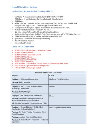RonaldHawkins-Resume
HealthSafety RehabilitationTraining (HSRT)
 Certificate lV Occupational Health & Safety BSB41604 27/10/2008
 WHS Level 2 – All Industries [Services, Industrial, Manufacturing]
 WHS Level 1
 Senior First Aid Certificate HLTCPR201A Perform CPR – HLTFA201A Provide basic
emergency life support – HLTFA301B Apply first aid 14/01/2010
 Management of Workplace Injuries Rehabilitation Recertification 11/12/2012
 Work Cover Rehabilitation Coordinator No. 60334
 Qld Coal Mining Safety & Health Act & Surface Regulations
 Authorised to Assess(map) for Black Coal Competencies; on behalf of TQ Mining Services
 TAE40110 Certificate IV in Training and Assessment 06/08/2012
 spontaneous Combustion in Underground Mining
 Basic Ventilation Practice
 Stress in Earth’s Crust
OH&S ACCREDITORED
 RIIMPO31`9A LB Backhoe/LL Front End Loader
 RIIMPO324A LG Grader
 RIIMPO318B LS Skid Steer Loader
 RIIMPO323A LZ Dozer
 RIIMPO317A LR Road Roller
 RIIMPO326A Water Cart
 MNC G1048A - LF Fork Lift Truck [License to Perform High Risk Work]
 MNC G1050A Operate Vehicle Loading Crane
 MNC G1061A operate Light Vehicle
Summary of Previous Experience
Project Client
Employer: Waterway Constructions
Position: Safety Manager
Gladstone Port Corporation
Employer: BWJV- BMDConstructions &
Waterway Constructions
Position: Safety Manager
Bechtel
Employer: HSE Mining BMA SarajiMine
Position: Snr Safety/Training Coordinator &
Acting Safety/Training Superintendent
Job: Prestrip Overburden Operation Dysart,QLD
BMA
Employer: BrandrillLimited [Drill & Blast
Overburden Drilling CoalMines]
Position: Snr Safety Training Coordinator - East
Coast Operations
Position: Auditor – East Coast Operations
Position: Return to Work Coordinator – East Coast
Operations
BMA-Anglo-Rio Tinto-Thiess
 