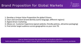 Brand Proposition for Global Markets
1. Develop a Unique Value Proposition for global Citizens
2. Clear and consistent brand identity (same language, different regions)
3. Digital driven marketing
4. Obsess on Customer Experience (great website, friendly policies, attractive packaging)
5. Find similar target audience across geographies as your core TG
Look for Global Consumer Pain points however act locally to solve for it.
Build a Brand proposition that is rooted in Human Spirit and can metamorphosize into communication worldwide
 