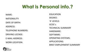 What is Personal info.?
NAME:
NATIONALITY:
DATE OF BIRTH:
ADDRESS:
TELEPHONE NUMBERS:
DRIVING LICENSE:
E-MAIL ADDRESS:
WORK LOCATION:
EDUCATION
DEGREE:
'A' LEVELS:
GCSE's:
TECHNICAL SUMMARY
HARDWARE:
SOFTWARE:
OPERATING SYSTEMS:
APPLICATIONS:
BRIEF EMPLOYMENT SUMMARY
 