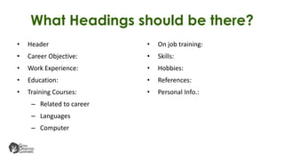 What Headings should be there?
• Header
• Career Objective:
• Work Experience:
• Education:
• Training Courses:
– Related to career
– Languages
– Computer
• On job training:
• Skills:
• Hobbies:
• References:
• Personal Info.:
 