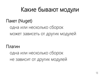 13
Какие бывают модули
Пакет (Nuget)
одна или несколько сборок
может зависеть от других модулей
Плагин
одна или несколько сборок
не зависит от других модулей
 