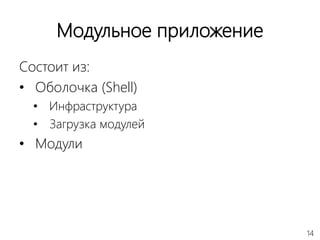 14
Модульное приложение
Состоит из:
• Оболочка (Shell)
• Инфраструктура
• Загрузка модулей
• Модули
 