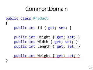 43
Common.Domain
public class Product
{
public int Id { get; set; }
public int Height { get; set; }
public int Width { get; set; }
public int Length { get; set; }
public int Weight { get; set; }
}
 