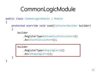 52
CommonLogicModule
public class CommonLogicModule : Module
{
protected override void Load(ContainerBuilder builder)
{
builder
.RegisterType<VolumeCostCalculator>()
.As<ICostCalculator>();
builder
.RegisterType<ShopingCart>()
.As<IShopingCart>();
}
}
 
