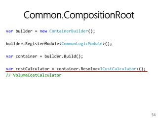 54
Common.CompositionRoot
var builder = new ContainerBuilder();
builder.RegisterModule<CommonLogicModule>();
var container = builder.Build();
var costCalculator = container.Resolve<ICostCalculator>();
// VolumeCostCalculator
 