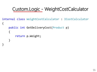 55
Custom.Logic - WeightCostCalculator
internal class WeightCostCalculator : ICostCalculator
{
public int GetDeliveryCost(Product p)
{
return p.Weight;
}
}
 