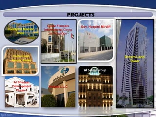 PROJECTS
Gov. Hospital Mirdiff
Al Sekral Group
Imdaad L.L.C
Courtyard Marriot
Hotel
Dream Land
Tower
Carlton hotel.
Resorts. Suites
Lycée Français
International Georg
es Pompidou
Al Ghadeer
Development
Phase 1
 