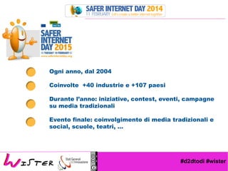 #d2dtodi #wister
Ogni anno, dal 2004
Coinvolte +40 industrie e +107 paesi
Durante l’anno: iniziative, contest, eventi, campagne
su media tradizionali
Evento finale: coinvolgimento di media tradizionali e
social, scuole, teatri, …
 