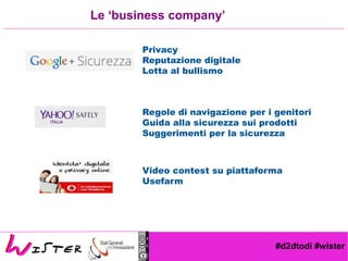 #d2dtodi #wister
Le ‘business company’
Video contest su piattaforma
Usefarm
Regole di navigazione per i genitori
Guida alla sicurezza sui prodotti
Suggerimenti per la sicurezza
Privacy
Reputazione digitale
Lotta al bullismo
 