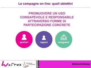 #d2dtodi #wister
Le campagne on line: quali obiettivi
PROMUOVERE UN USO
CONSAPEVOLE E RESPONSABILE
ATTRAVERSO FORME DI
PARTECIPAZIONE CONCRETE
 