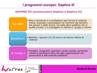 #d2dtodi #wister
I programmi europei: Daphne III
DAPHNE III (prosecuzione Daphne e Daphne II)
• Mira a prevenire e a combattere ogni forma di violenza
(fisica, sessuale e psicologica) nei confronti dei bambini,
dei giovani e delle donne, sia nella sfera pubblica che in
quella privata, e a proteggere le vittime e i gruppi a rischio
Dal 2000
• Bambini, i giovani (12-25 anni) e le donne vittime di
violenzaBeneficiari
• Famiglie, insegnanti, operatori sociali, polizia, personale
medico e giudiziario oltre che alle organizzazioni non
governative e alle autorità pubbliche
Si rivolge a
 