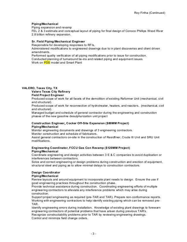 Current Fluor Resume piping layout engineer responsibilities 