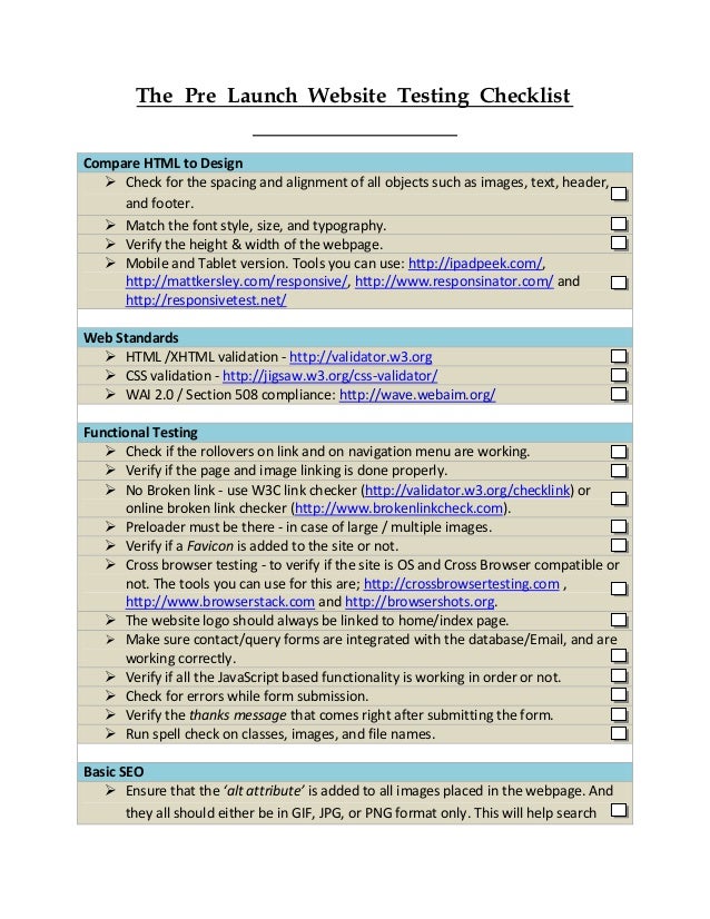 PreLaunch site Testing Checklist